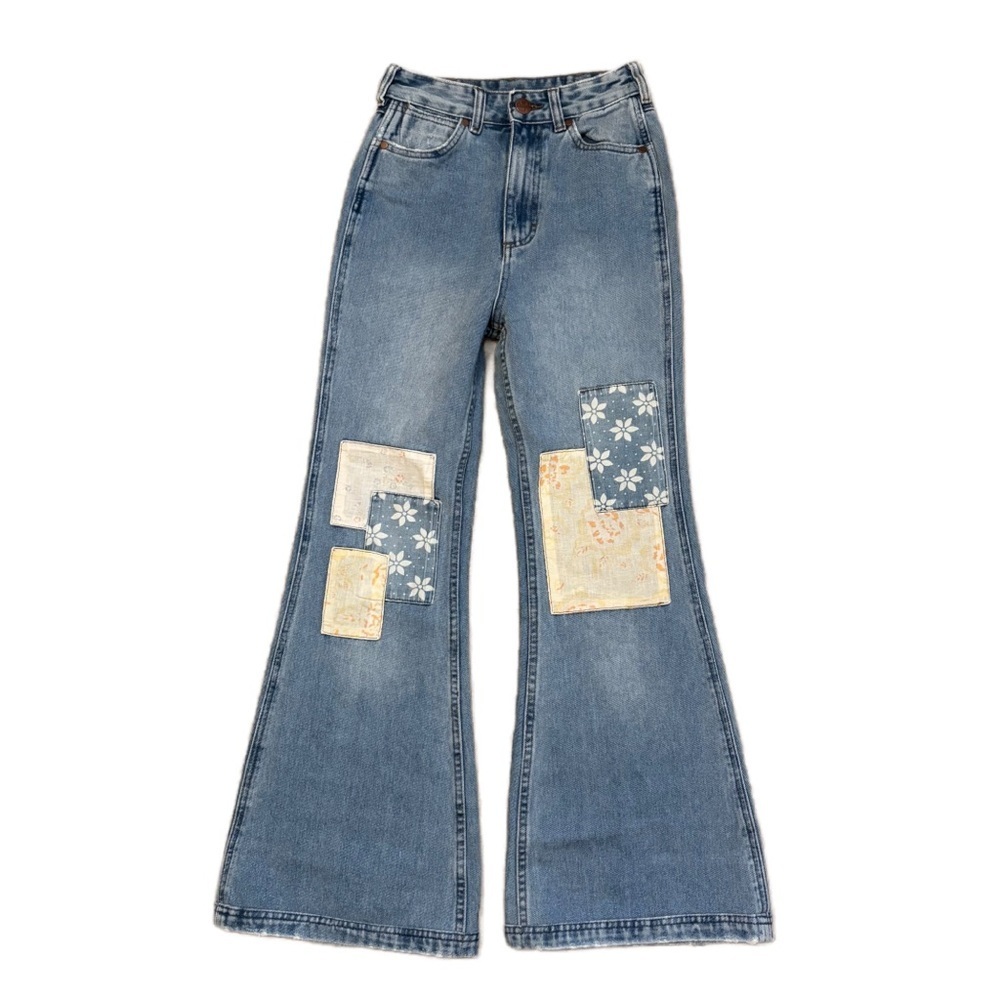 Billabong X Wrangler Super Flare Patchwork Light Denim Jeans Women's 24 - Picture 3 of 12